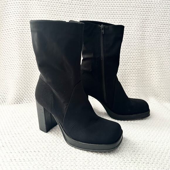 Mia Vintage Black Nylon Stretch Square Toe Platform 90s Y2K Mid Calf Boots 9 - Picture 13 of 13
